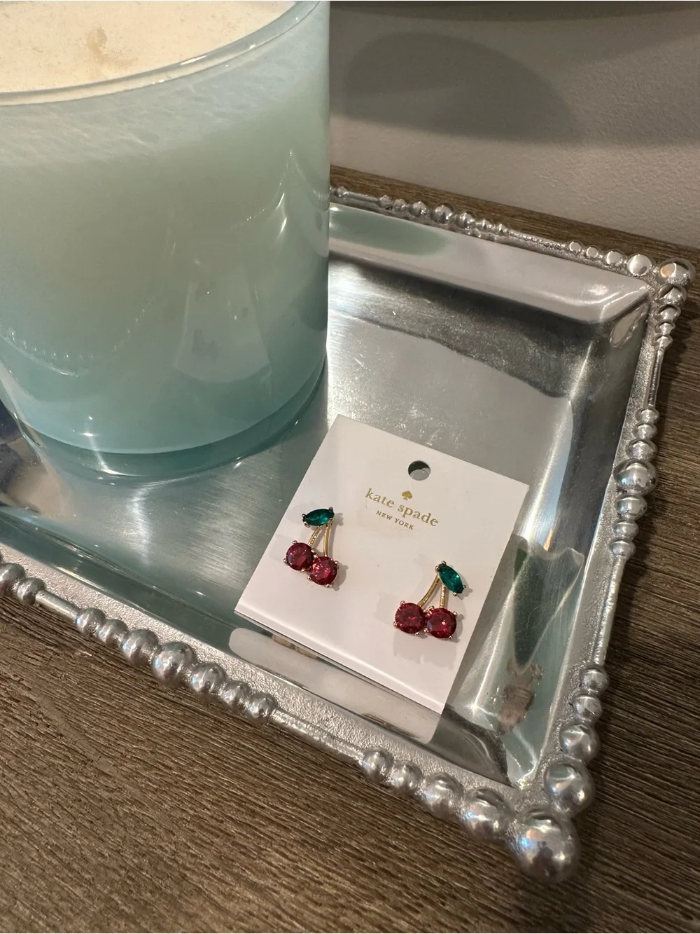 kate spade green leaf & red crystal cherry earrings